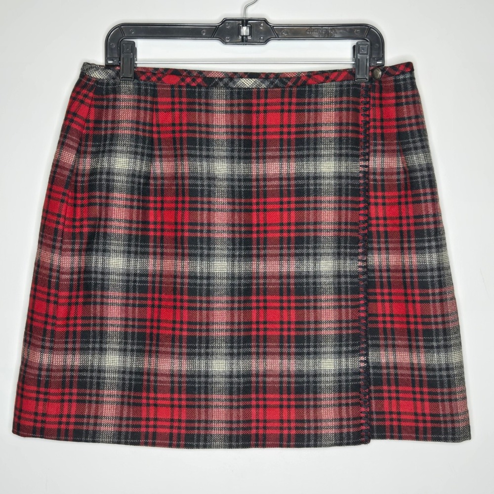 Eddie Bauer 100% Wool Plaid Mini Wrap Skirt Red Black Gray Blanket Stitch 16P